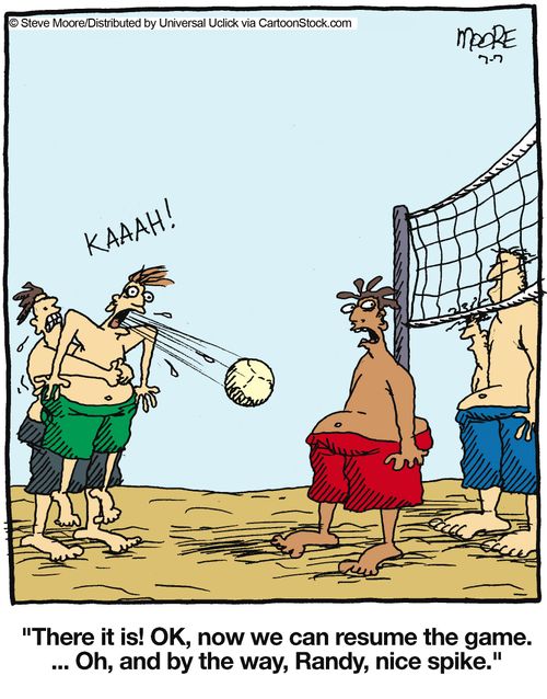 'There it is! OK, now we can resume the game. ...Oh, and by the way, Randy, nice spike.'