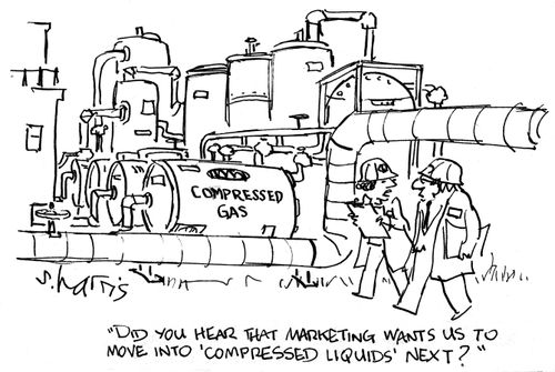 'Did you hear that marketing wants us to move into 'compressed liquids' next?'