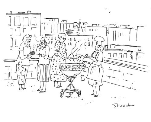 Woman serving tea from a huge barbecue-like teacup.