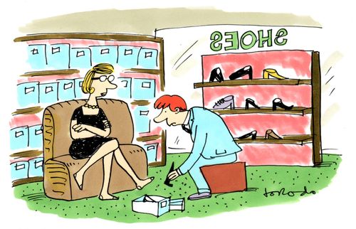 Three-legged lady in shoe shop