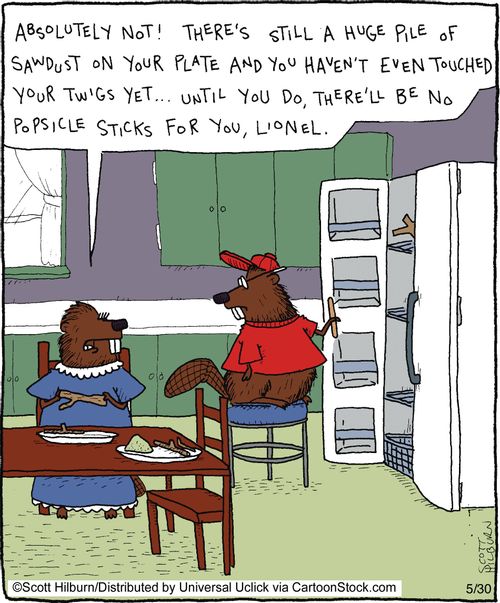 Absolutely not! There's still a huge pile of sawdust on your plate and you haven't even touched your twigs yet... Until you do, there'll be no popsicle sticks for you, Lionel.