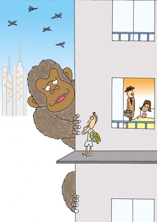 Giant Ape assists man escaping a cuckolded husband.