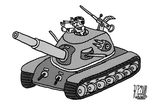 Tank driver wielding a slingshot.