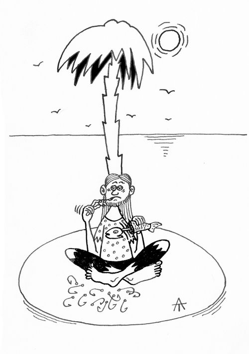 Man on desert island picks the fishing hooks out of the fish he is eating.