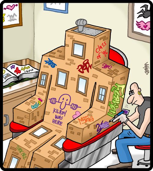 Building person gets graffiti tattoos.