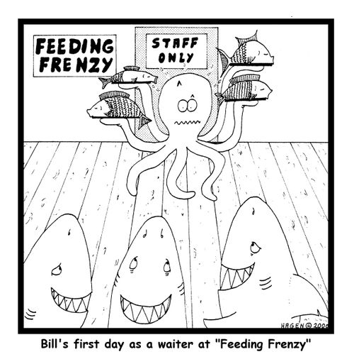 Bill's first day as a waiter at 'Feeding Frenzy'