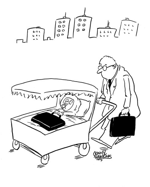 Businessman with briefcase pushes stroller with baby and its briefcase.