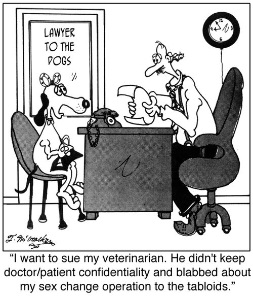 'I want to sue my veterinarian. He didn't keep doctorpatient confidentiality and blabbed about my sex change operation to the tabloids.'