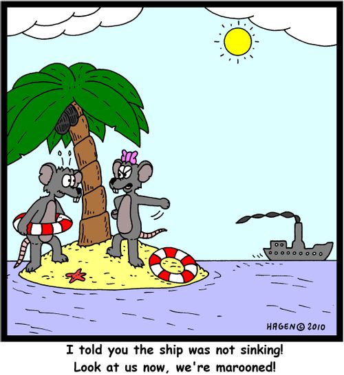 'I told you the ship was not sinking! Look at us now, we're marooned!'