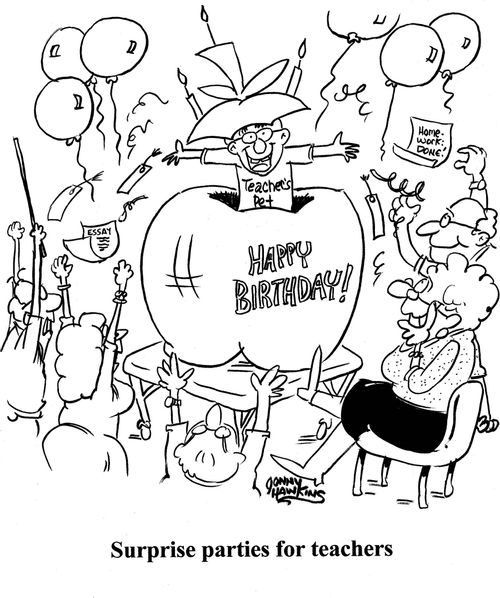 Teacher's pet popping out of big apple lit up with candles and 'Happy Birthday' Title: Surprise parties for teachers