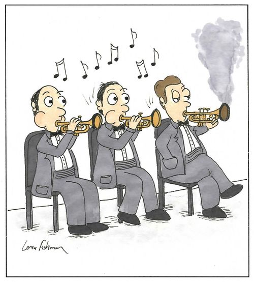 A trumpet player using his horn as a pipe during a concert.