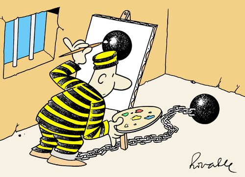Prisoner painting his ball and chain.