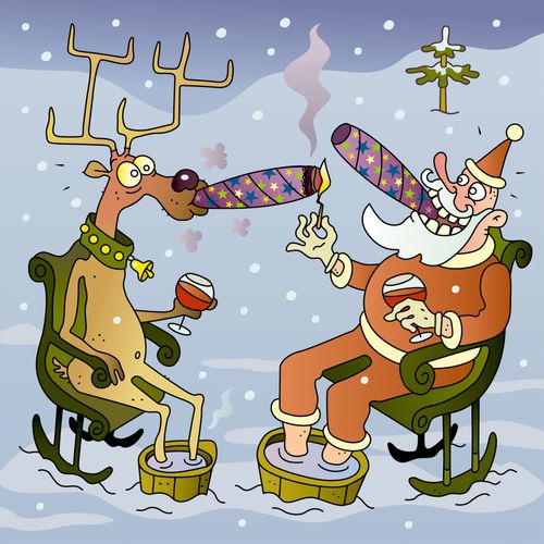 Santa and reindeer smoking cigars and drinking a glass of brandy in rocking chairs.