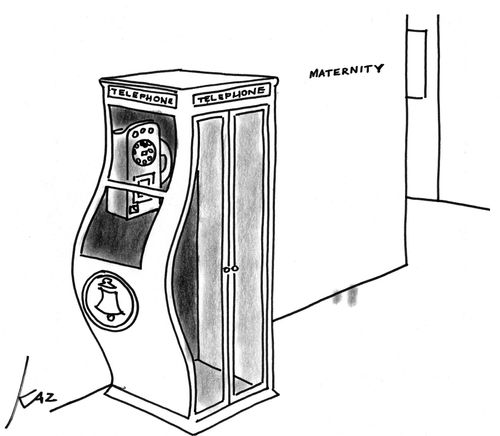 Shaped telephone box in a maternity ward.