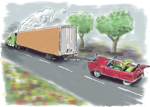 A cowboy 'hitches' a ride from a trucker.