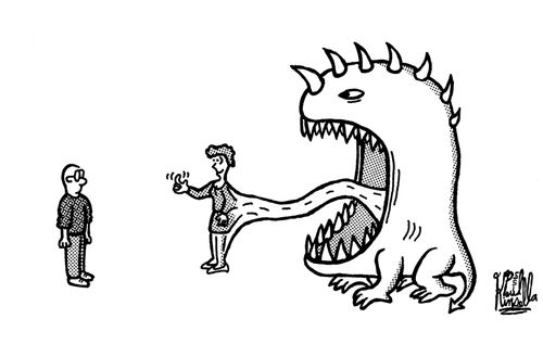 Angular monster attempting to lure Norm into his maw with tongue shaped like a sexy woman.