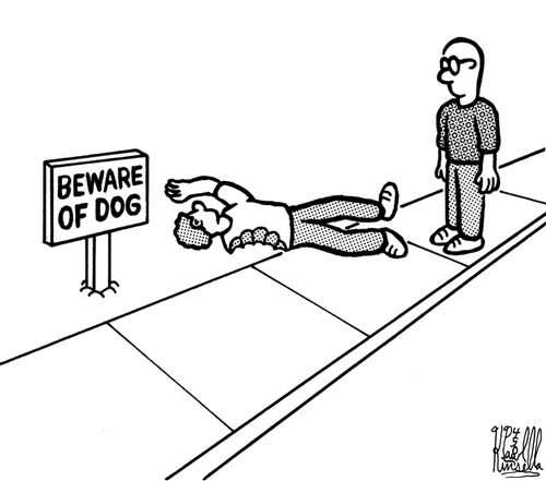 Beware of dog sign (dead body with bite taken out of it)