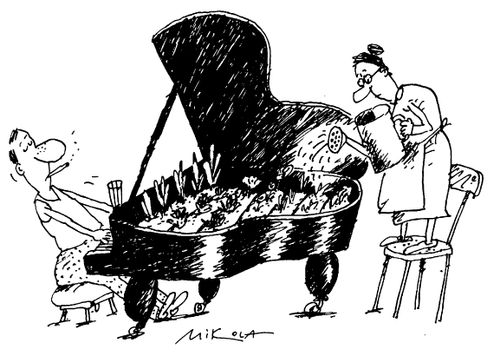 Wife growing vegetables in husband's piano