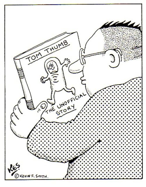 Man reads book titled;' Tom Thumb: The unofficial story.'