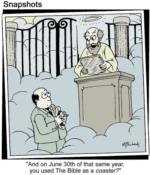 Saint Peter reviews a man's sins.