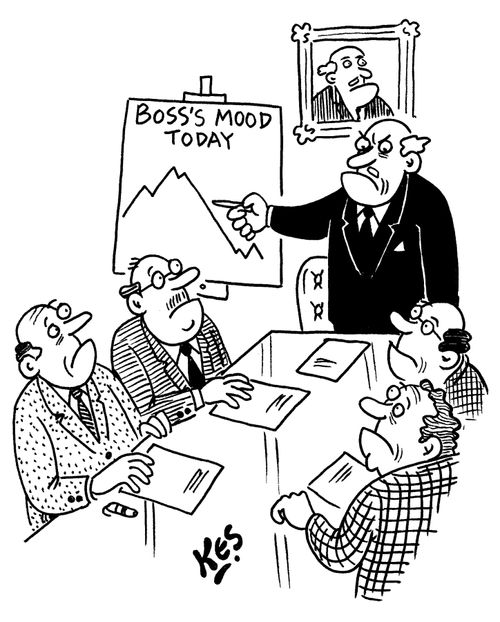 Angry Company president shows board of directors a chart indicating his low mood.