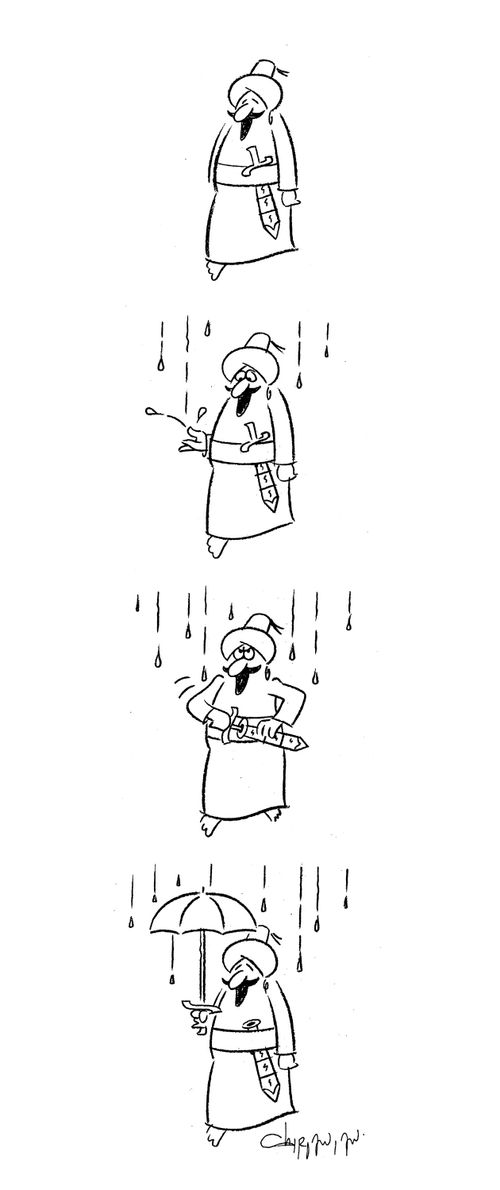 Man carrying umbrella in his sword holder.