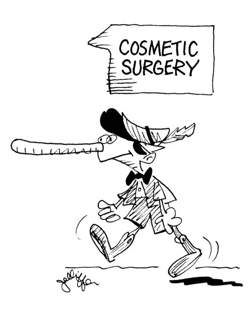 Pinocchio heading towards plasic surgery suite.