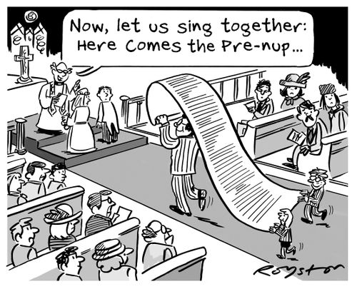 Lawyer walks down aisle with lengthy contract. Minister says: 'Now, let us sing together, Here Comes the Pre-nup.'