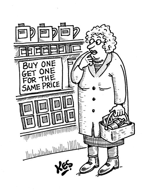Woman sees supermarket's offer: 'Buy one get one for the same price'.