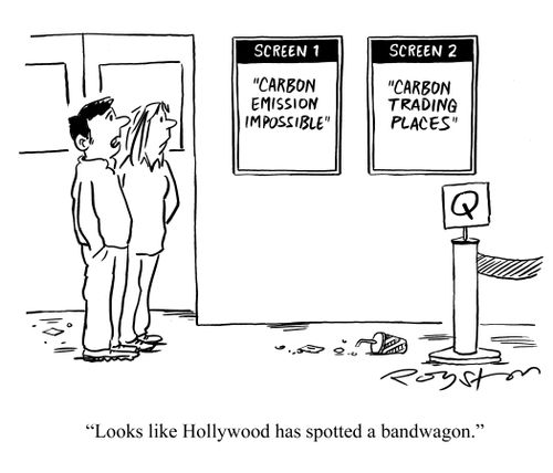 Couple look at posters for Carbon Emission Impossible and Carbon Trading Places. Man says: 'Looks like Hollywood has spotted a bandwagon.'