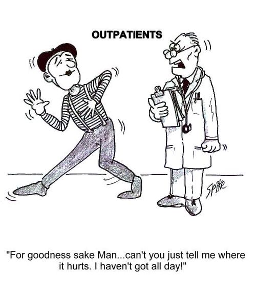 'For goodness sake Man...can't  you just tell me where it hurts? I haven't got all day!' 