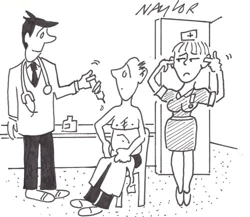 Nurse puts her fingers in her ear so she doesn't have to hear a man having his injections.