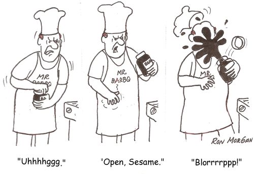 Cook struggles to open sauce jar.
