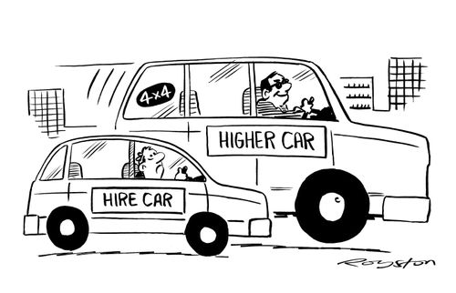 Hire car is overtaken and dominated by 4x4 'Higher car'.