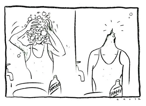 Shampoo dissolves a washer's head.
