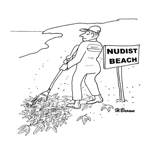 Man is raking up leaves on a nudist beach.