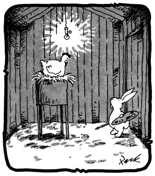 Rabbit painting a chicken with a light bulb over its head