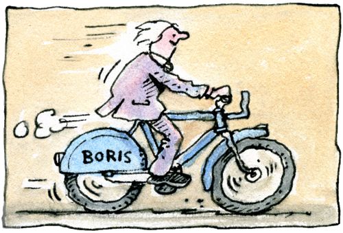 Boris Johnson type riding a Boris Bike hire bicycle.