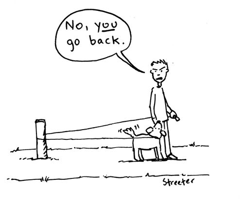 Dog on leash: No, you go back.