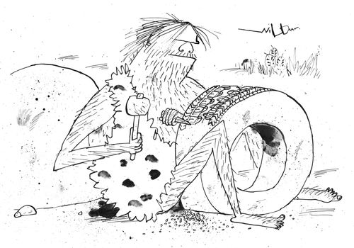 Caveman chiselling tyre patterns onto stone wheel.