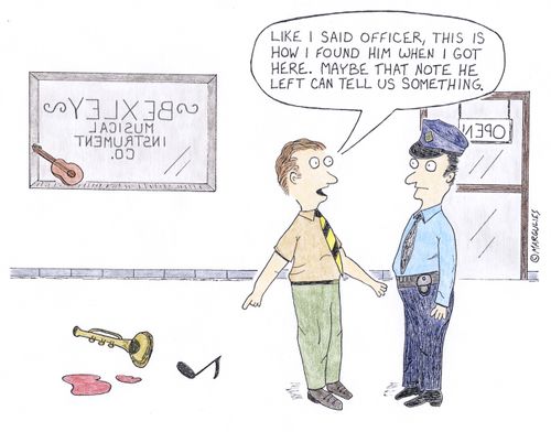 'Like I said officer, this is how I found him when I got here. Maybe that note he left can tell us something.'