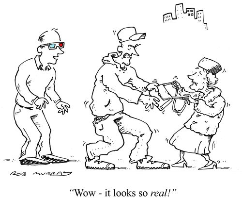 'Wow - it looks so REAL!' (man watching a mugging through 3D glasses)