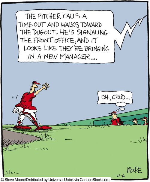 'The pitcher calls a time out and walks toward the dugout. He's signaling the front office, and it looks like they're bringing out a new manager.'