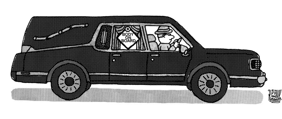 Hearse with sign 'Body On Board'.