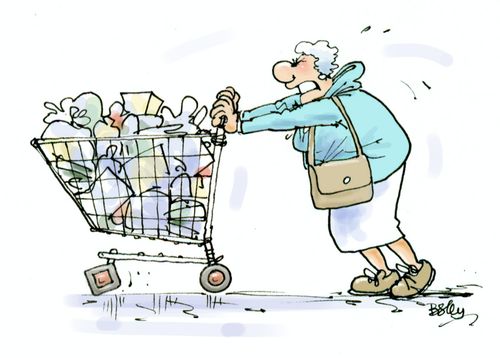 Woman trying to push a trolley with a square wheel.