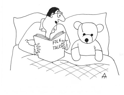 Man reads folk tales to his teddy bear.