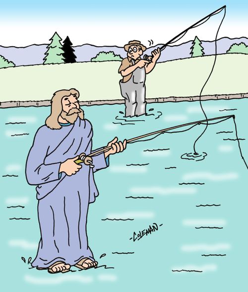 Jesus fishing and walking on water.