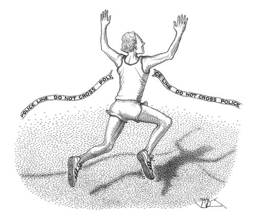 Runner crosses the police tape.