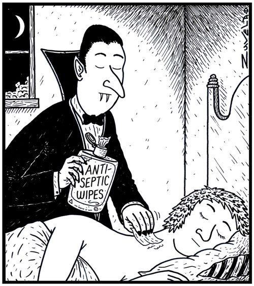 Dracula cleaning the neck before biting his victim.