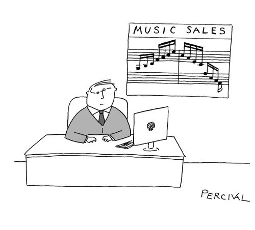 Businessman sits below a chart showing falling music sales in notes.